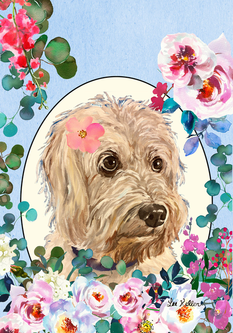 Hippie Hound Studios spring house garden flag with a tan cockapoo portrait