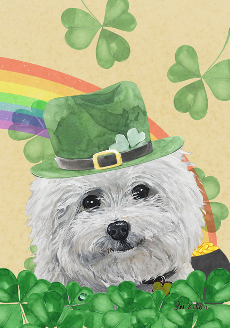 Garden flag featuring a white dog in green hat with clover accents