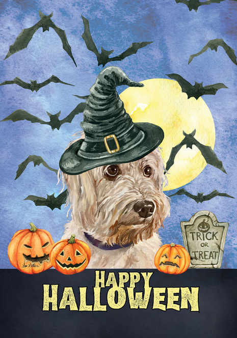 Halloween house flag: cockapoo in witch hat, pumpkins, bats, 'HAPPY HALLOWEEN'
