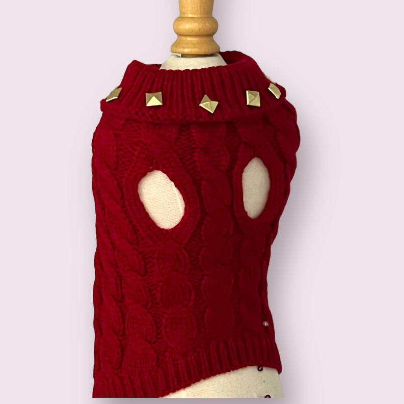 Burgundy knit dog sweater with turtleneck and gold stud details, textured cable pattern.