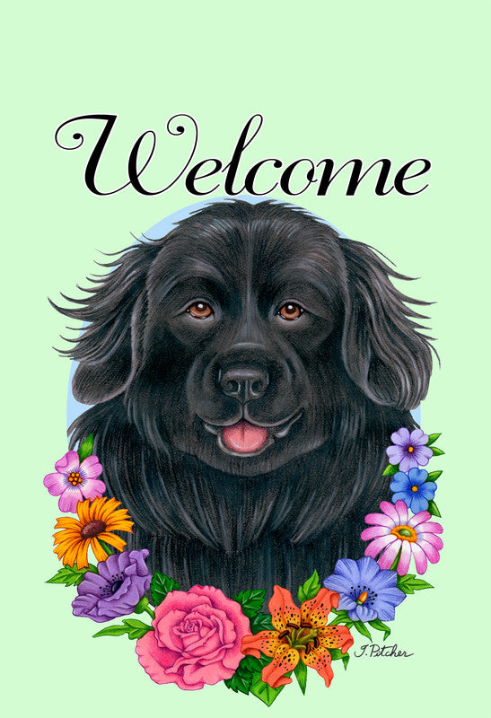 Welcome garden flag with black dog portrait and colorful flowers wreath
