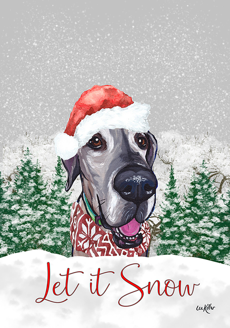 Christmas house flag with Great Dane in red Santa hat and “Let it Snow” wording