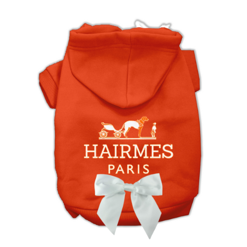 Orange dog hoodie with HAIRMES PARIS print and white bow detail