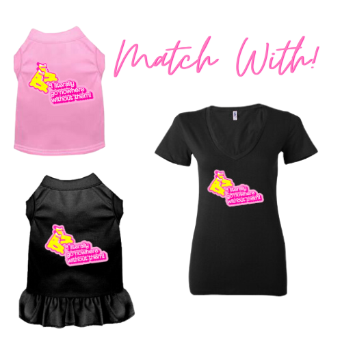 Dog tees in pink and black, each with neon roller skate graphic and 'go nowhere without them'