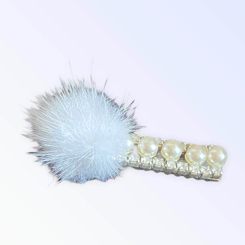 Pearlella hair clip with mink pom-pom and pearl beaded barrette