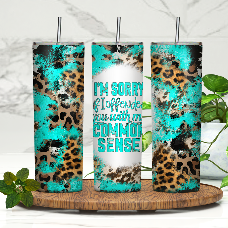 20oz skinny tumbler, teal leopard print with black top and straw