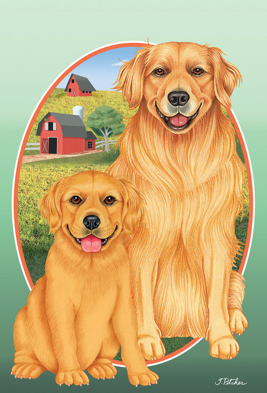 Garden flag featuring two tan dogs with a red-bordered oval design