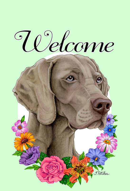Weimaraner summer garden flag with dog portrait and colorful flowers around the border