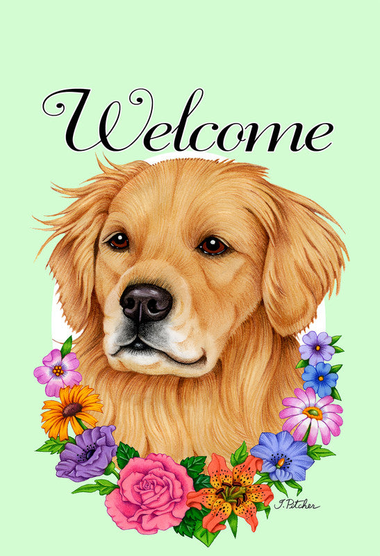Garden flag featuring a golden dog head with a colorful flower wreath and Welcome text