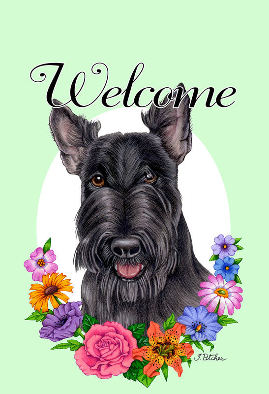 Garden flag with black Scottish Terrier head, colorful flowers, and “Welcome” text