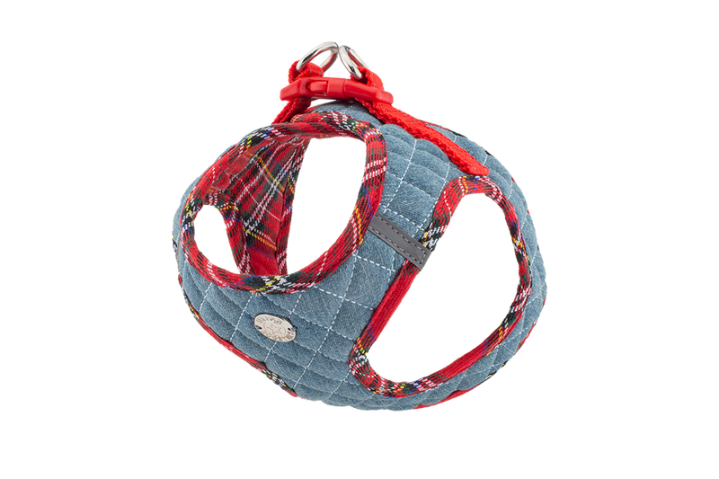 Quilted blue denim step-in harness with red plaid looped straps and buckle hardware