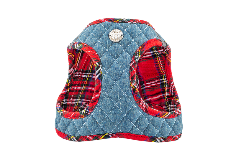 Step-in denim harness front view with red plaid sleeves and quilted diamond pattern