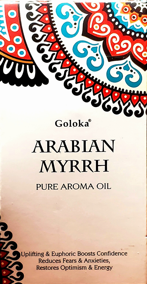 Goloka Arabian Myrrh pure aroma oil bottle with patterned label