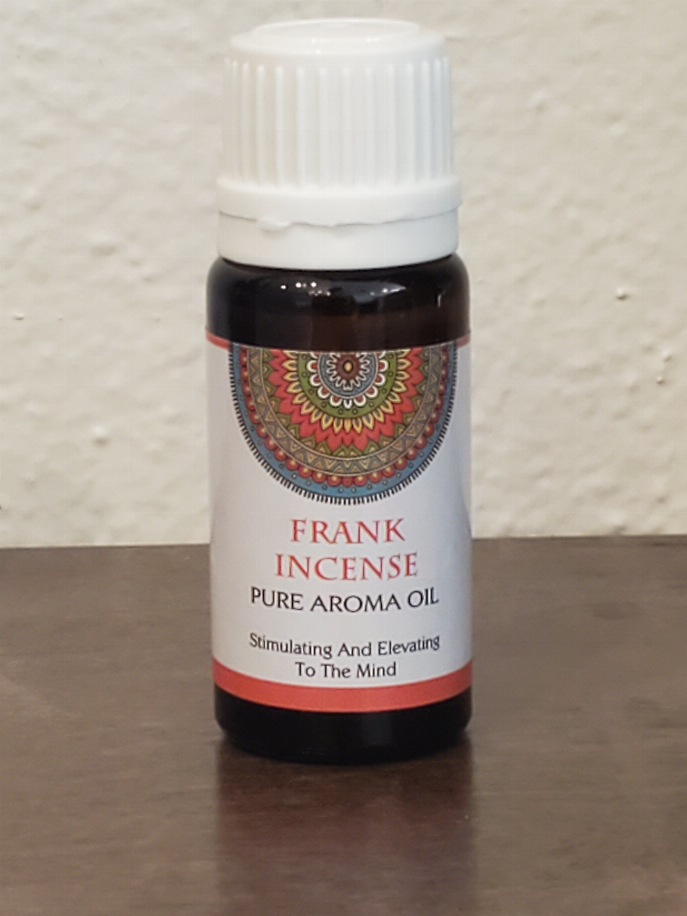 Goloka Frank Incense pure aroma oil bottle, black liquid, patterned label