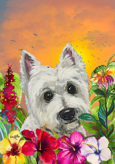Tropical house flag with Westie dog illustration and colorful flowers