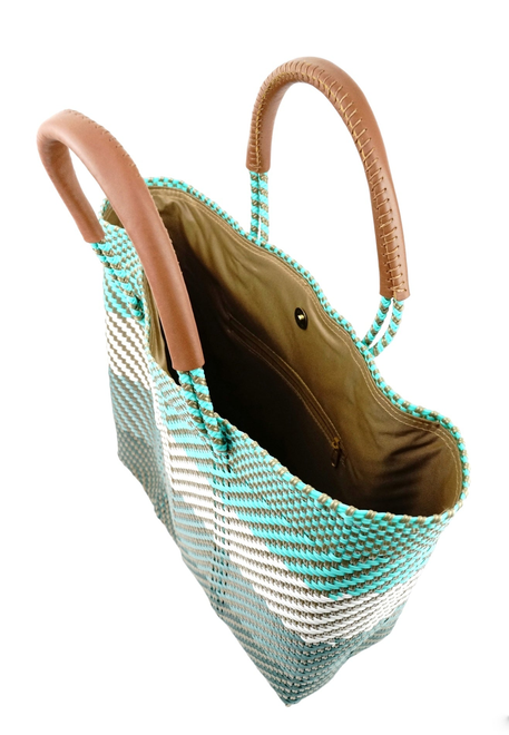 Woven resort tote bag, open top with brown handles and teal/cream chevron interior