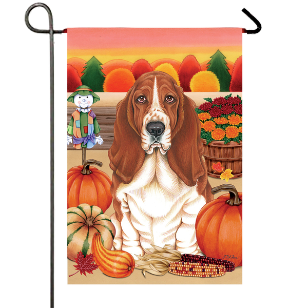 Outdoor garden flag with Basset Hound in autumn scene, pumpkins and corn
