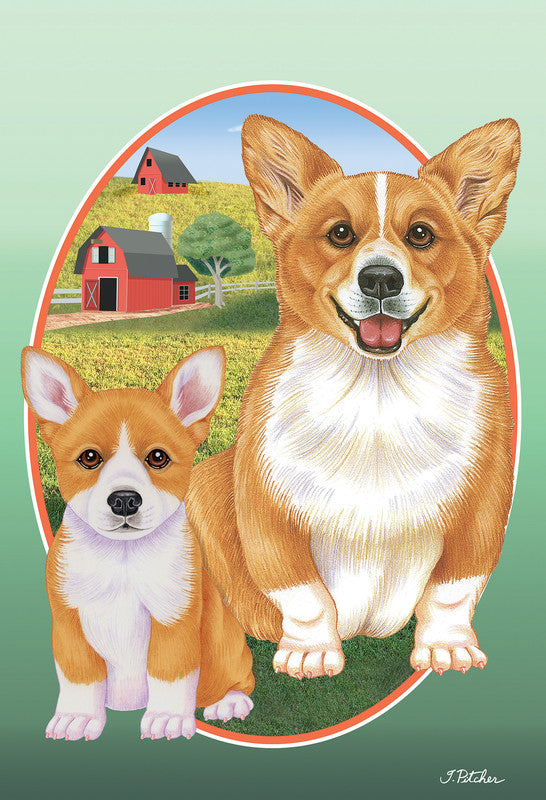 Garden flag with two Pembroke Welsh corgis and farmhouse illustration in red and green