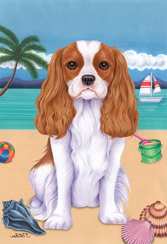 Labrador retriever garden flag with brown-and-white dog portrait, beach theme