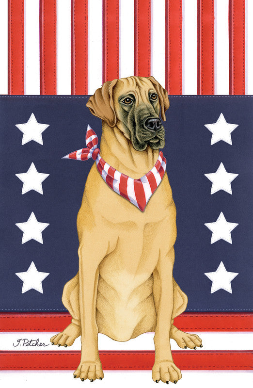 Navy garden flag with white stars and a seated fawn Great Dane wearing a red-and-white scarf