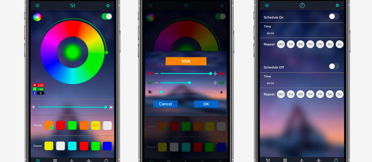 Angel-Gen 2 lamp app control screen with color and schedule settings