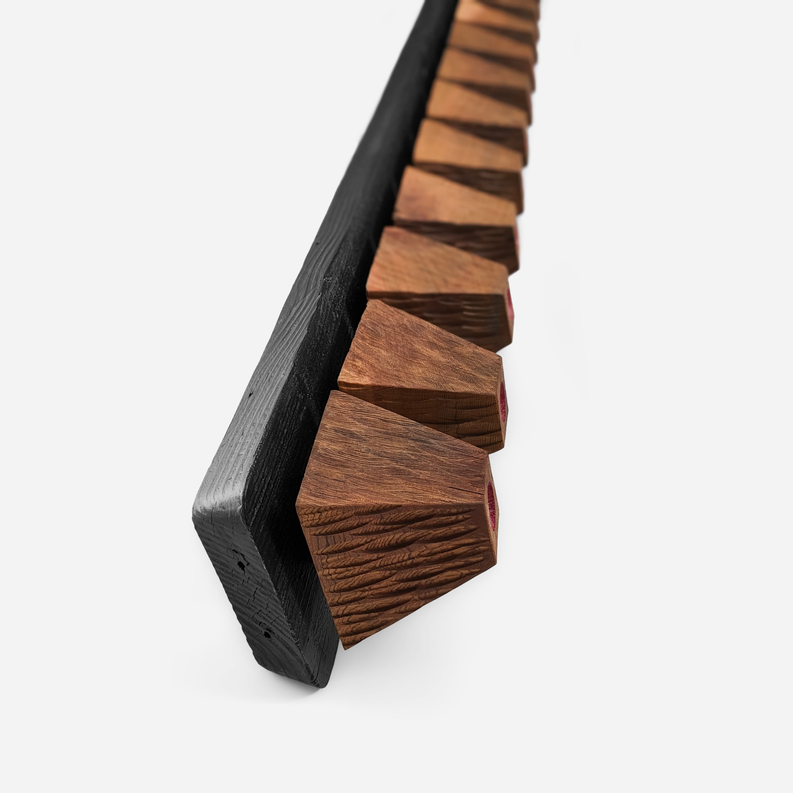 Wood wall art panel edge view with thick dark frame and textured wood face