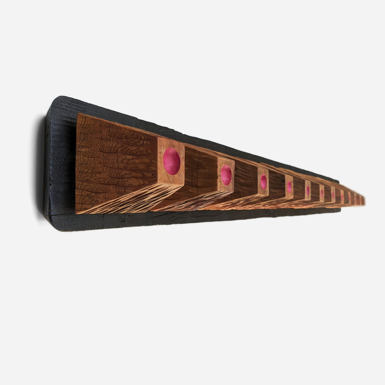 Wood wall art panel, mounted, with patterned wood grooves and purple dowel accents