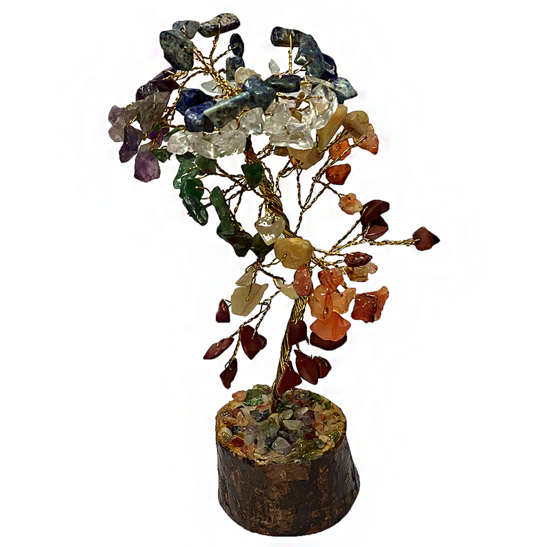 Colorful gemstone tree ornament with polished rainbow stones on a round base