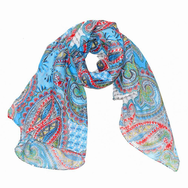 Reversible scarf shawl draped with blue-toned paisley print, red and teal accents