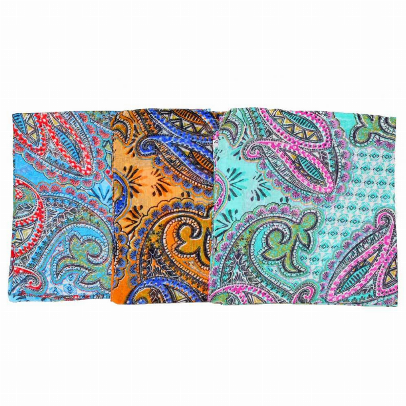 Reversible scarf shawl, colorful paisley panels in blue, teal, orange, and pink stripes