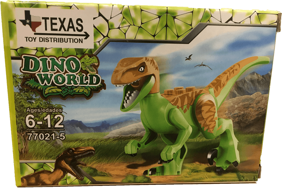 Dino World green dinosaur brick set box with horned dinosaur artwork and age 6-12