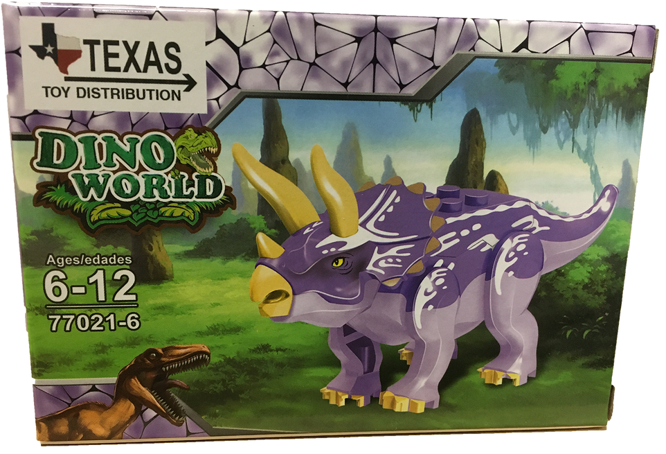 Dino World purple dinosaur brick set box with plated triceratops artwork and age 6-12