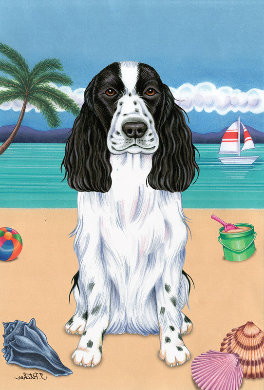 Black-and-white cocker spaniel garden flag with centered standing dog portrait