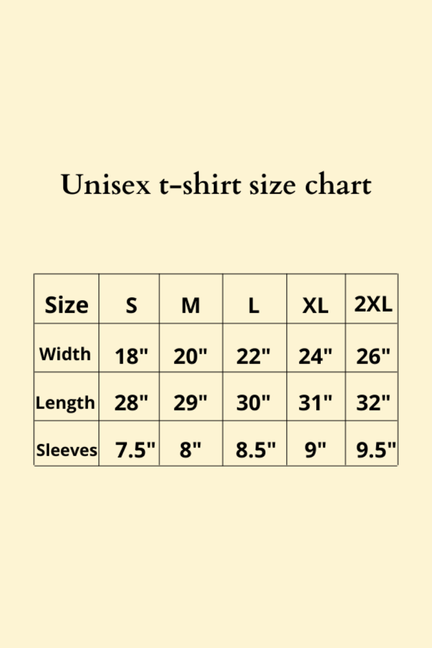 Unisex T-shirt size chart showing S–2XL width, length, and sleeve measurements
