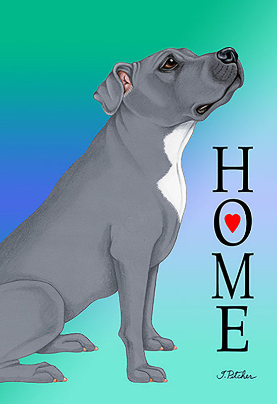 Welcome house and garden flag with gray dog and 'HOME' text