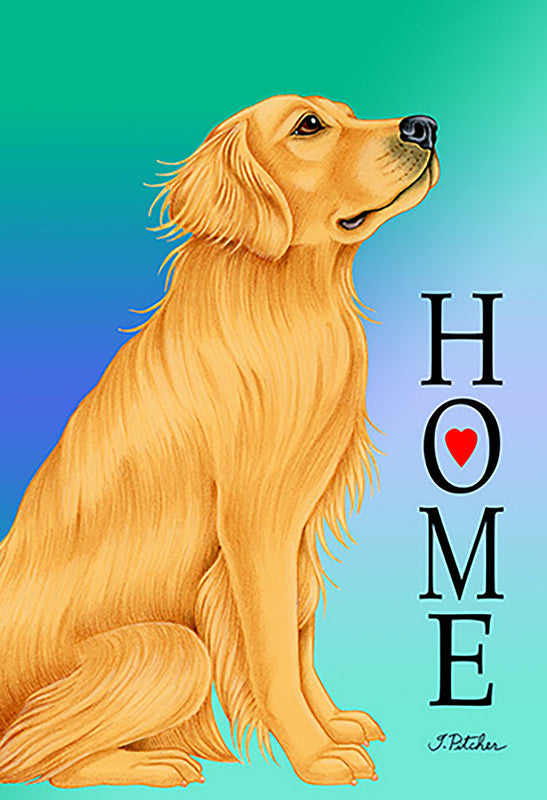 Great Dane garden flag with golden dog portrait and vertical HOME text with red heart icon