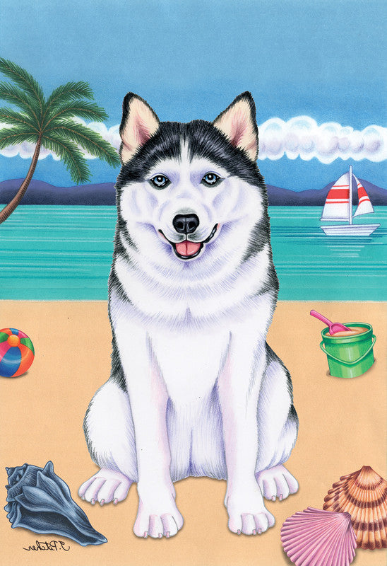 Siberian husky-themed garden flag with black-and-white dog standing front-facing