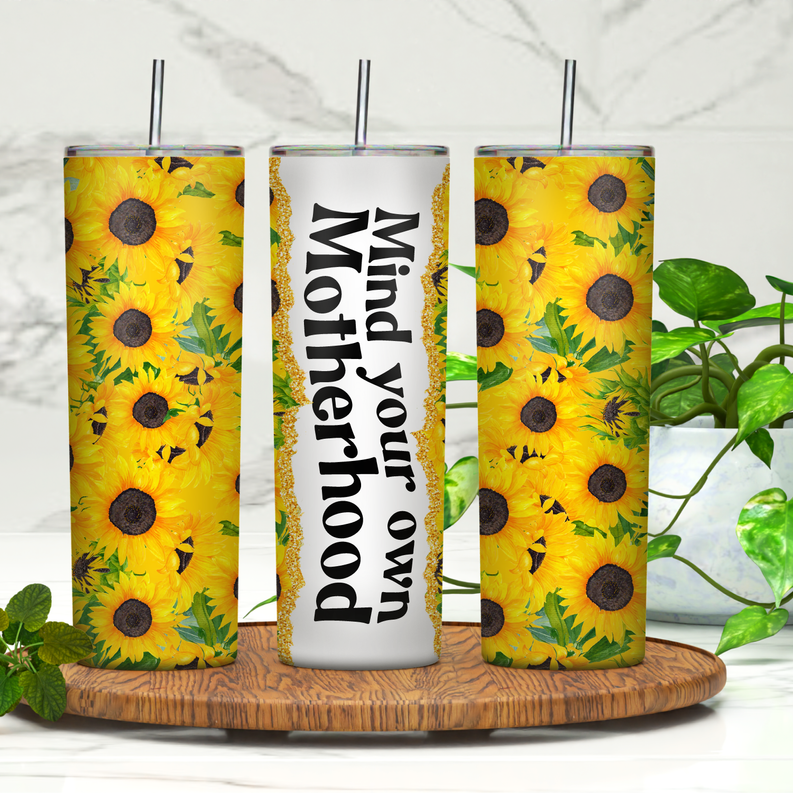 Sunflower-patterned 20oz skinny tumbler with black straw and matching wrap print