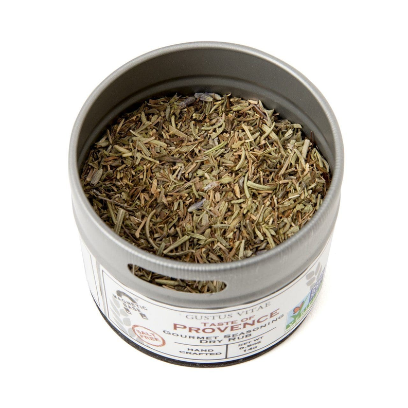 Provence seasoning tin filled with dried herbs and stems