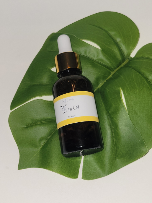Yoni oil bottle with dropper, dark glass and yellow-white label