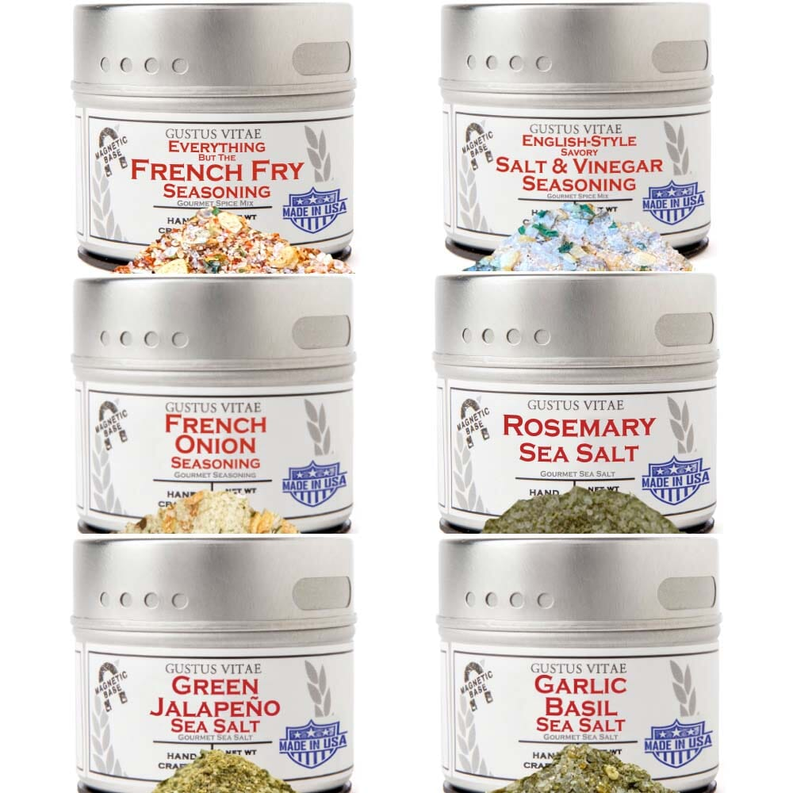 French fry seasoning set showing six labeled metal tins in a grid