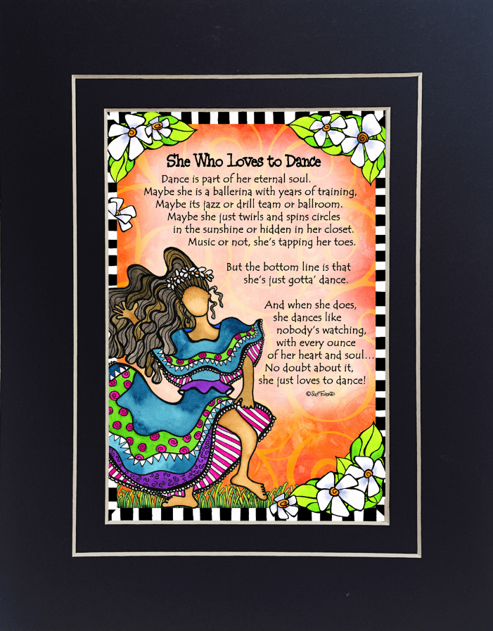 Framed quote artwork with dancing woman profile, colorful floral borders and poem text
