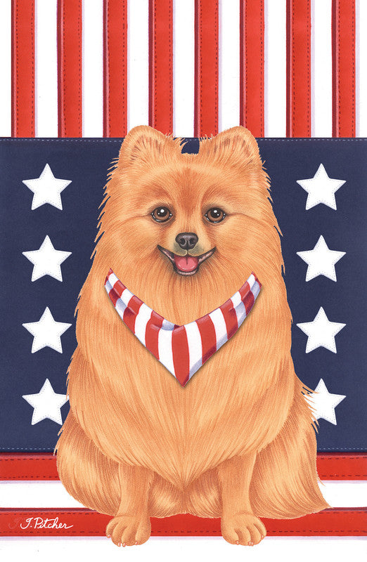 House and garden flag with orange dog portrait, red-and-white striped bandana, white stars