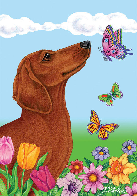 Dachshund butterfly garden flag with colorful butterflies and flowers