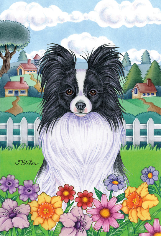 Black and white dog garden flag with flowers and a white picket fence border