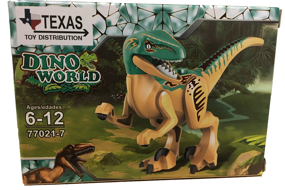 Dinosaur Brick Display Set box with tan and green spinosaur model