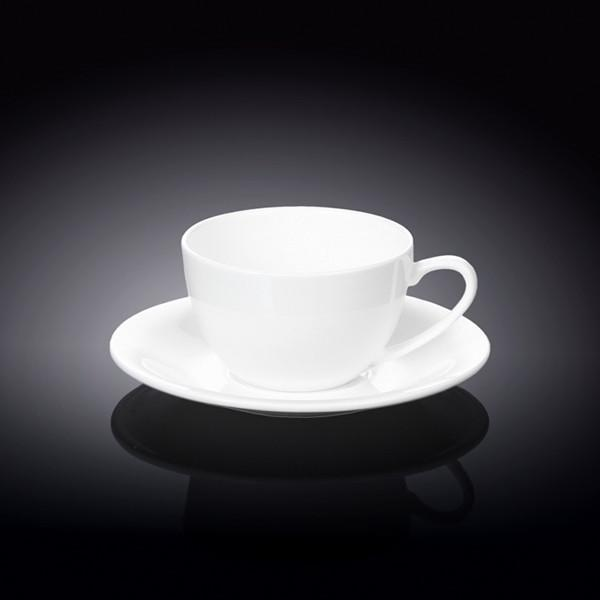 Set of 6 white cappuccino cups and saucers, single cup with saucer and handle.