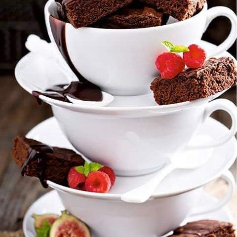 Set of 6 white cappuccino cups and saucers, stacked cups with saucers and handles.