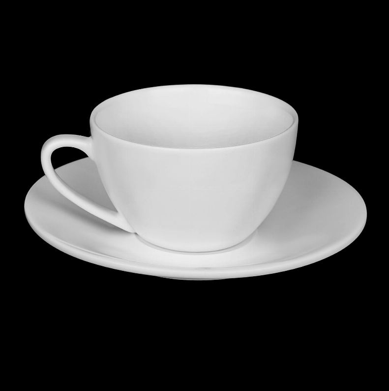 Set of 6 white cappuccino cups and saucers, white cup and saucer close view, handle visible.
