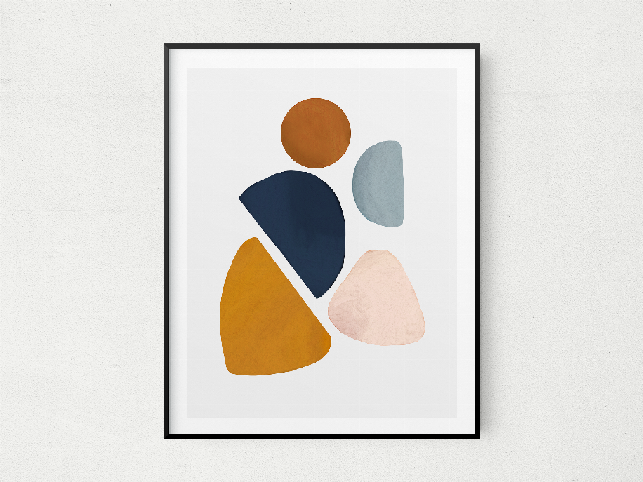 Square abstract framed art print with layered geometric shapes, black frame